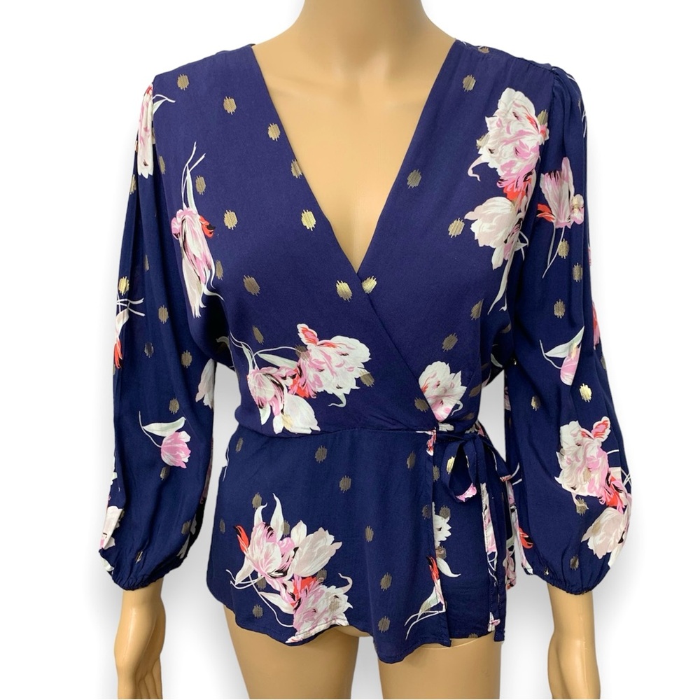 Harve Benard Navy Floral Wrap Tie waist Top Blouse size S